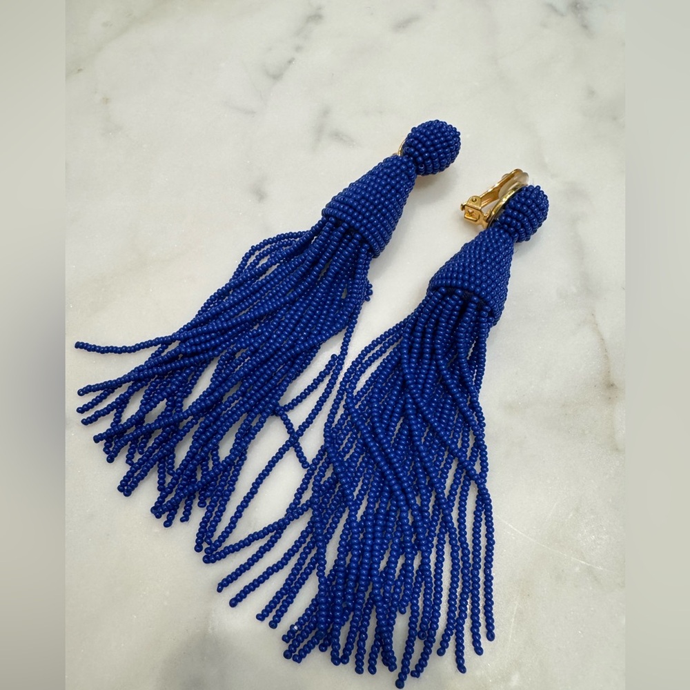 NWOB Oscar De La Renta Blue Beaded Tassel Earrings